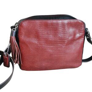 Clarks Red Croc Embossed Leather Crossbody Bag Tassel Accent Striped Lining